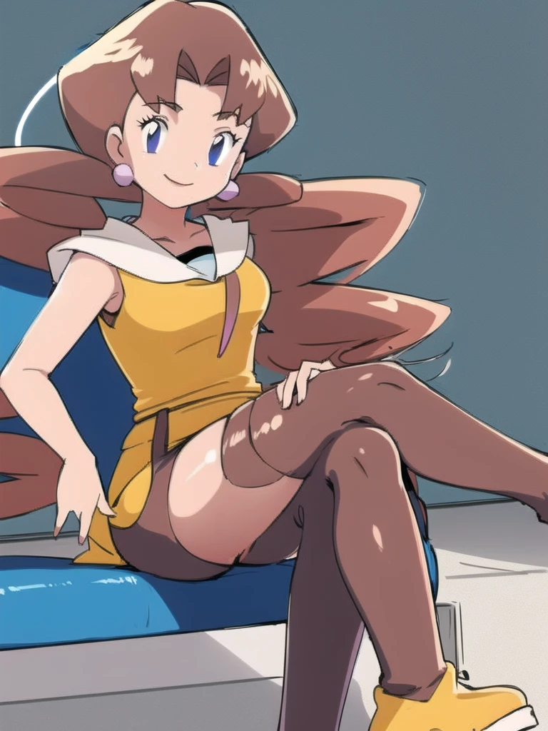 1girl, solo, sitting, smile,looking_down, smile,crossed_legs, masterpiece, high quality, best quality, Caroline_(pokemon)