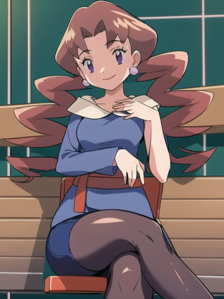 1girl, solo, sitting, smile,looking_down, smile,crossed_legs, masterpiece, high quality, best quality, Caroline_(pokemon)