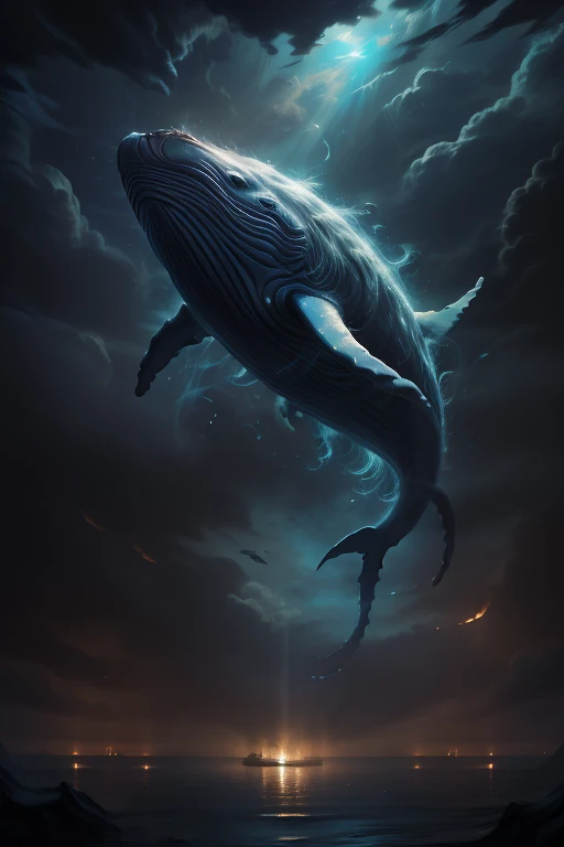 fantasy,live-action,Photorealistic,
masterpiece,Highest quality,8k,High resolution,Raw photo,Professional photography techniques,
Cinematic lighting,Warm lighting,Thin contours,
Fantastic,pop,cute,
Please draw a mysterious whale swimming in the sky. When a whale blows its saliva in the sky, it brings rain. It is a mythical creature worshipped as a god and loved by the locals. It is with us, awe-inspiring, symbolic, and mysterious. Looking up, this gigantic whale, covering the sky, seems to be on a sightseeing flight. Its pectoral fins、Dorsal fin、The sounds of family members using their tails to control their posture echo through the air.
