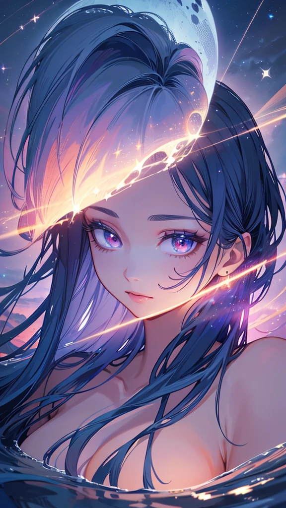A young woman with sky blue hair and red eyes playing a violin on the water, surrounded by a fantasy night sky with colorful stars and a comet, wearing a black military uniform and closing one eye, (best quality,8k,highres,masterpiece:1.2),ultra-detailed,(realistic,photorealistic,photo-realistic:1.37),portrait,fantasy,cinematic lighting,dramatic colors,highly detailed facial features,beautiful detailed eyes,beautiful detailed lips,extremely detailed eyes and face,long eyelashes,elegant pose,magical atmosphere,dramatic sky,glowing celestial objects