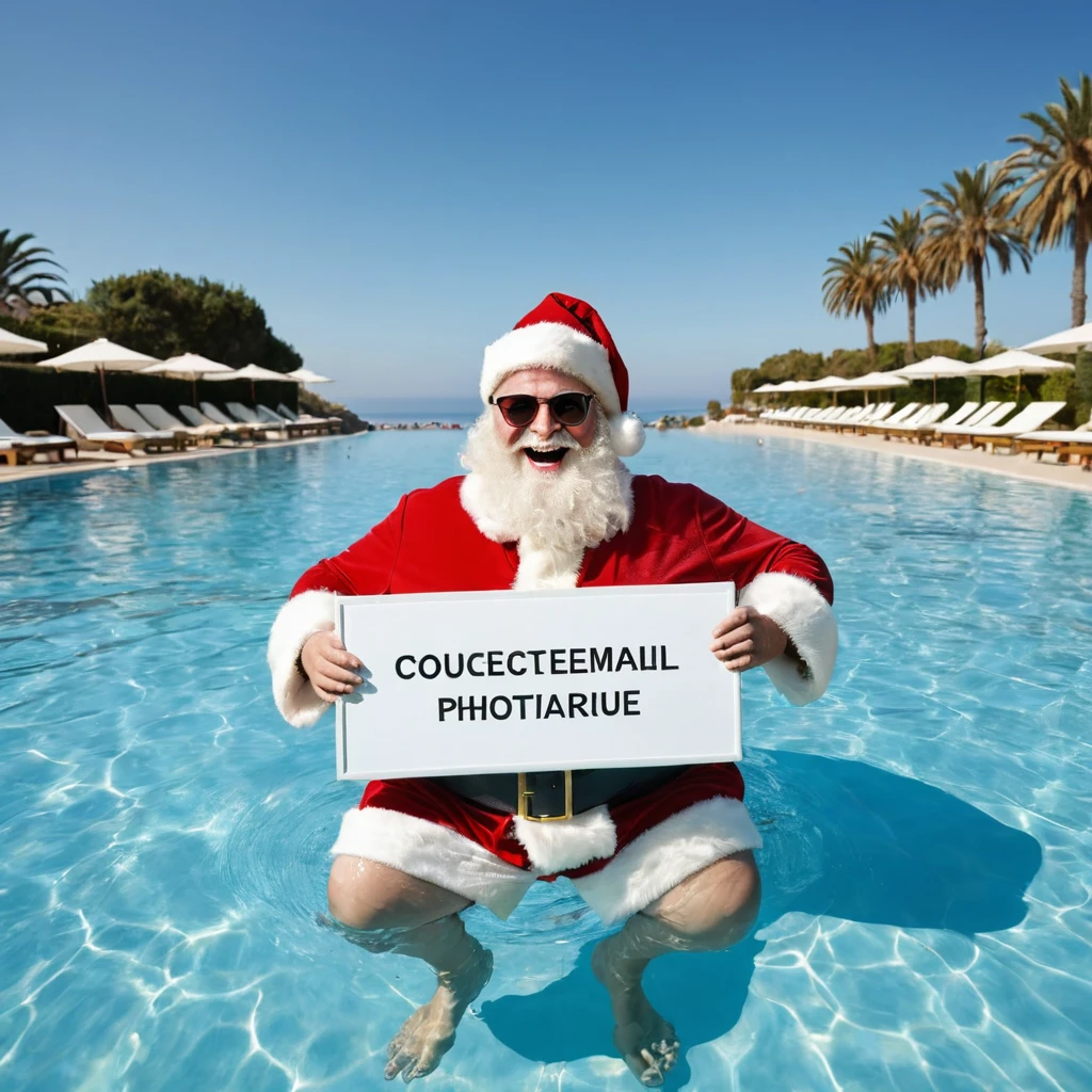 Captures an image from different angles of a swimming pool in which there are white rectangular signs in the water without any text, all posters are the same. In the center of the pool, a fat, smiling Santa Claus bathing in sunglasses floats in the water., very happy and holding a giant blank sign without text in his hands above his head . All the action takes place under a bright sun on a Mediterranean beach with impressive lighting for a perfect shot. Professional photography, 8k, RAW photo, The best quality, masterpiece, photorealistic, Highly detailed, cinematic lighting, sharp focus, réflex digital, high resolution, photorealistic,