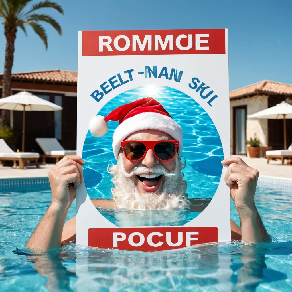 Captures an image from different angles of a swimming pool in which there are white rectangular signs in the water without any text, all posters are the same. In the center of the pool, a fat, smiling Santa Claus bathing in sunglasses floats in the water., very happy and holding a giant blank sign without text in his hands above his head . All the action takes place under a bright sun on a Mediterranean beach with impressive lighting for a perfect shot. Professional photography, 8k, RAW photo, The best quality, masterpiece, photorealistic, Highly detailed, cinematic lighting, sharp focus, réflex digital, high resolution, photorealistic, 