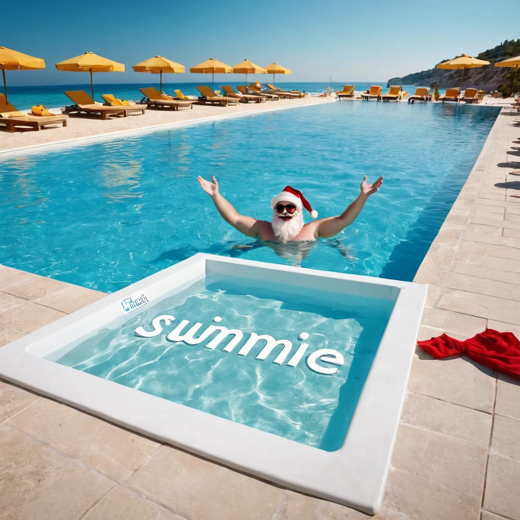 Captures an image from different angles of a swimming pool in which there are white rectangular signs in the water without any text, all posters are the same. In the center of the pool, a fat, smiling Santa Claus bathing in sunglasses floats in the water., very happy and holding a giant blank sign without text in his hands above his head . All the action takes place under a bright sun on a Mediterranean beach with impressive lighting for a perfect shot. Professional photography, 8k, RAW photo, The best quality, masterpiece, photorealistic, Highly detailed, cinematic lighting, sharp focus, réflex digital, high resolution, photorealistic,