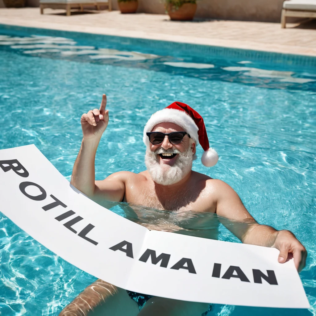 Captures an image from different angles of a swimming pool in which there are white rectangular signs in the water without any text, all posters are the same. In the center of the pool, a fat, smiling Santa Claus bathing in sunglasses floats in the water., very happy and holding a giant blank sign without text in his hands above his head . All the action takes place under a bright sun on a Mediterranean beach with impressive lighting for a perfect shot. Professional photography, 8k, RAW photo, The best quality, masterpiece, photorealistic, Highly detailed, cinematic lighting, sharp focus, réflex digital, high resolution, photorealistic, 