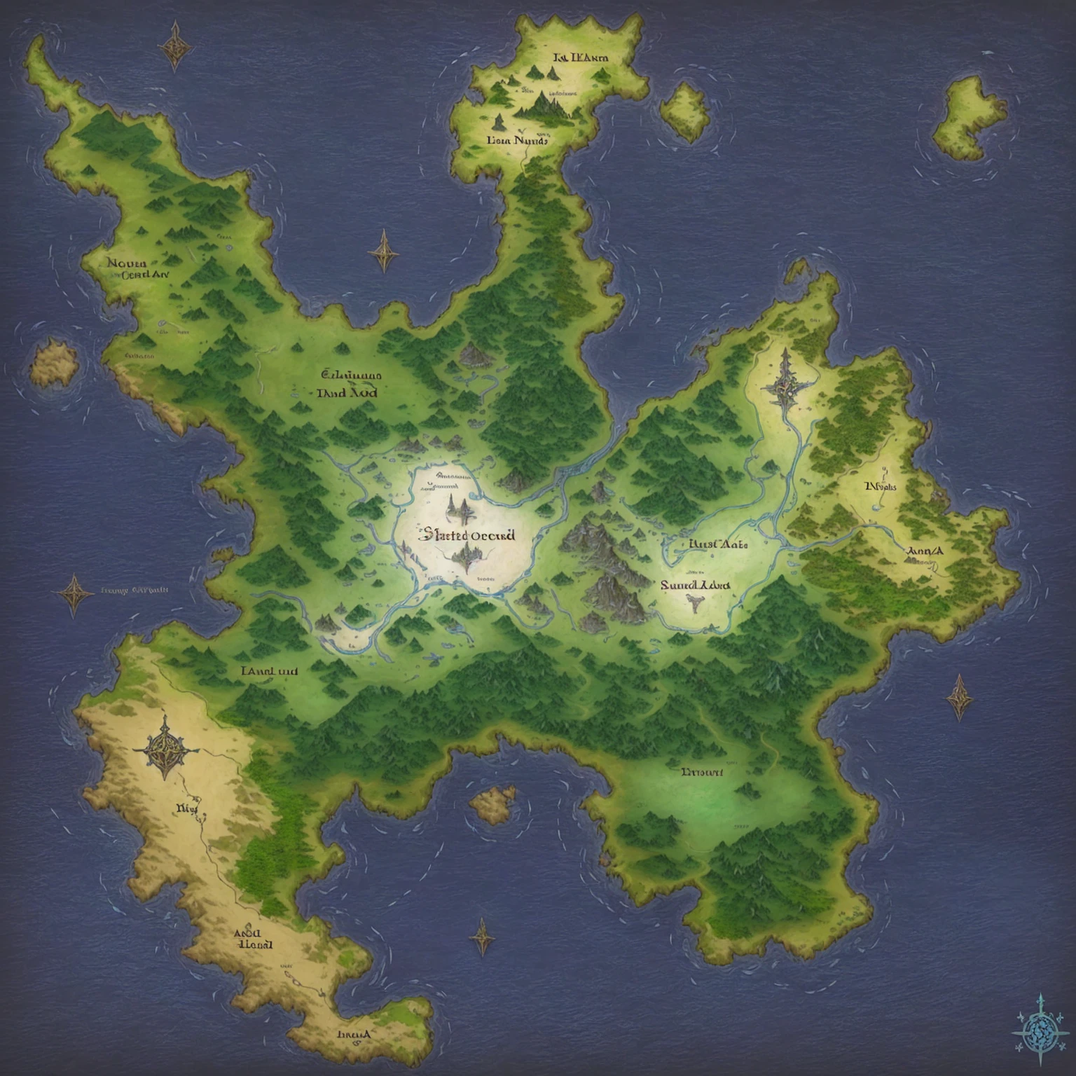 a map of a large island with a lot of water, detailed fantasy map, fantasy world map, fantasy cartography, fantasy map, fantasy maps, simple fantasy map, ancient fantasy regional map, elders scrolls world concept, d&d style fantasy map design, highly detailed map, an isometric fantasy map, map patreon, fantasy overgrown world, steam workshop maps