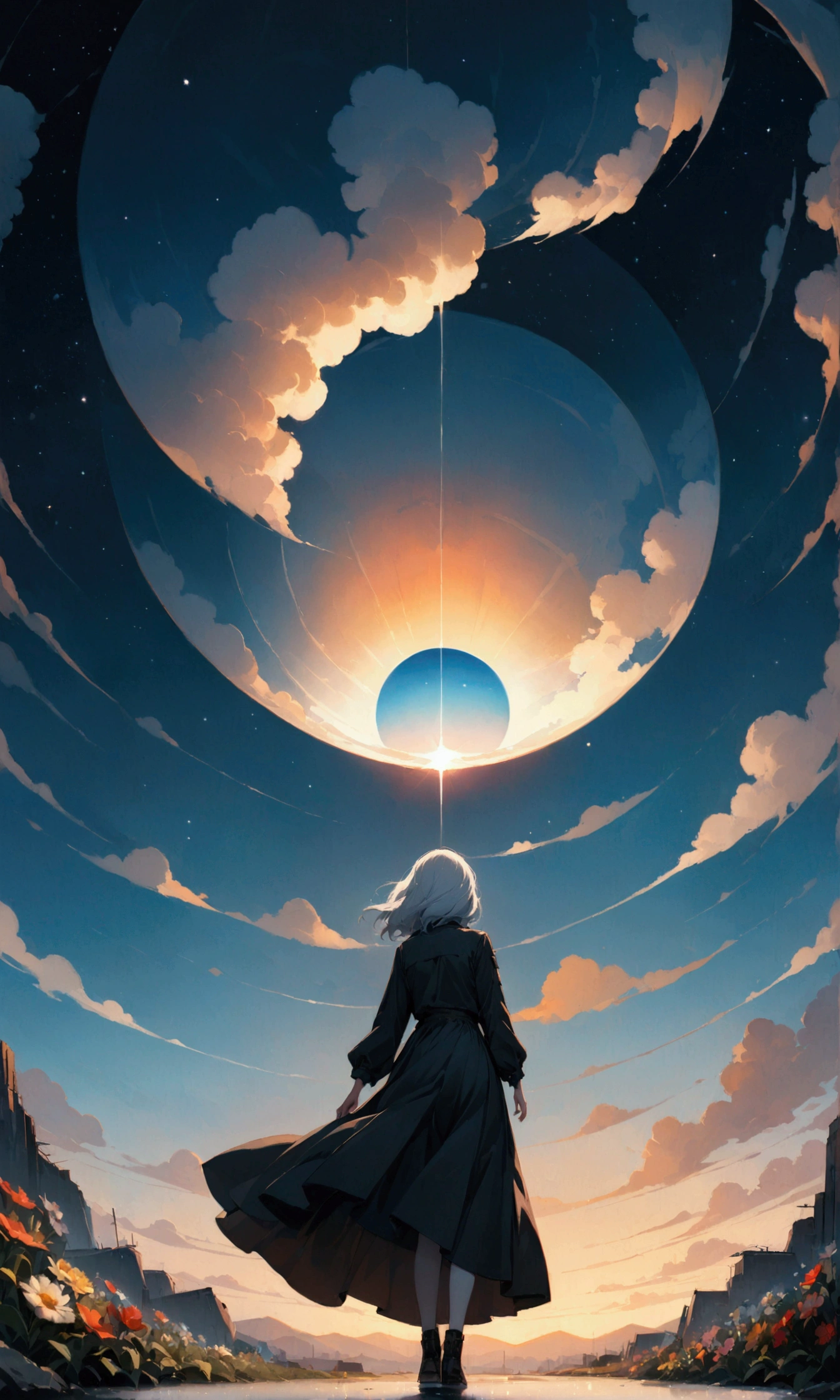 woman\(soldier, Age 25, Short silver hair floating, Space-colored eyes, Black clothes, Pale skin, Tired face、lack of shine in the eyes\) Looking up at the sky, Beautiful sky, Beautiful Clouds, there are puddles at ground and the landscape is reflecting beautifully, Looking up at the wide sky from the cramped back alleys of the slums, Summer flowers are blooming everywhere, I see the wind blowing and shining, There are stars in the sky,From below, break ,quality\(8k,非常に精細なCGユニットのwallpaper, masterpiece,High resolution,top-quality,top-quality real texture skin,Surreal,Increase the resolution,RAW Photos,最高quality,Very detailed,wallpaper,Cinema Lighting,Ray-tracing,Golden Ratio\),(Long Shot),landscape,
