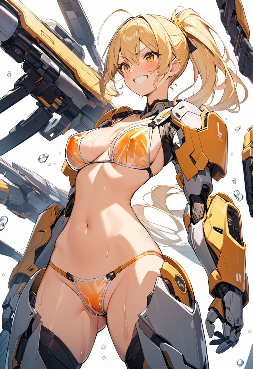 Smiling girl in a revealing yellow and orange see-through mechanical bikini with shiny wet skin,Gal-like ponytail,Fully transparent glass textured bikini armor,水色ライトの透明なMechanical Armor,（Highest quality）,（8k）,Mechanical Armor,Show all,（Thinly visible genitals）,Accentuated breasts,Mechanical firearms equipment,Eyebrows rise,Bullish expression,Blonde,Don&#39;t blush,Laugh with your mouth closed,Standing on a white floor,White background,（Show the whole body）,View your viewers