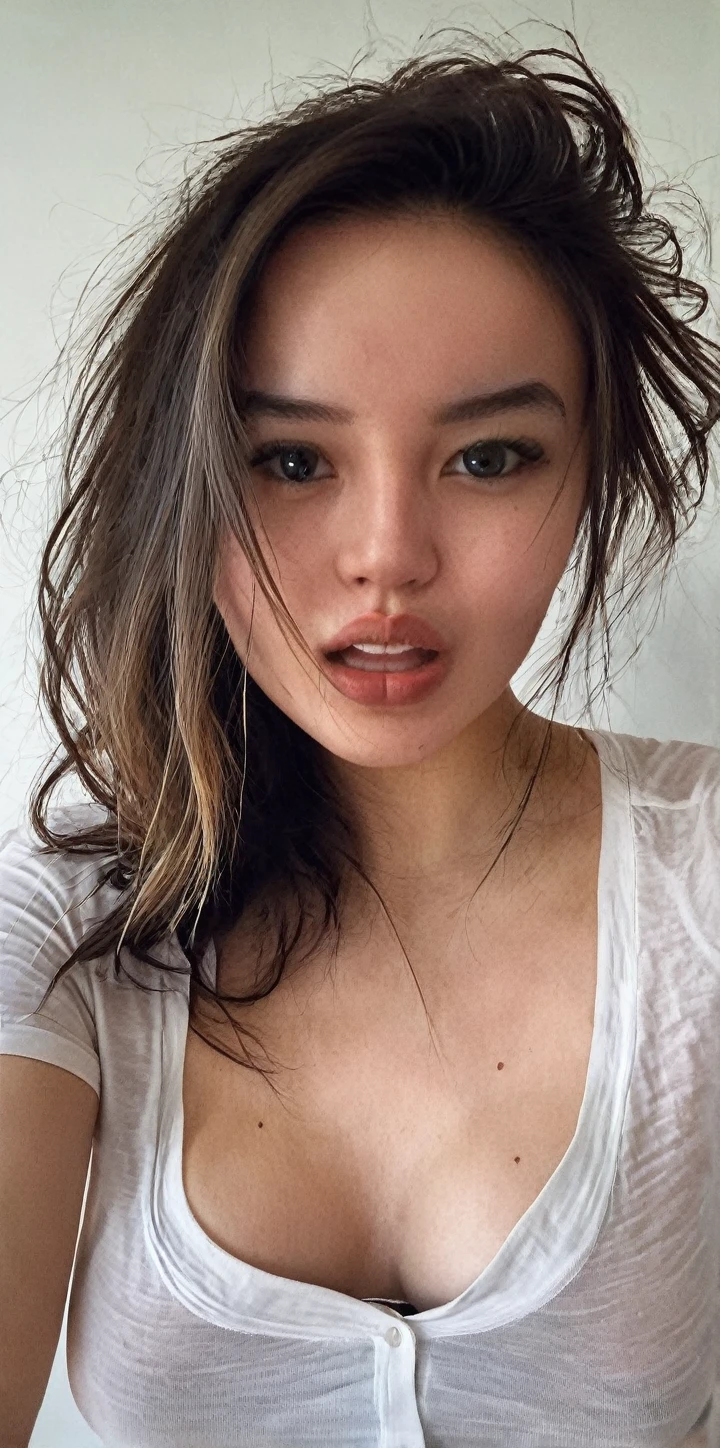 a girl take a selfie with a thin shirt , HIGHRES, clean face, with accurate face, solo, upper body, potrait, close up potrait, portait photo profile picture, REALISTIC , PHOTOREAL, messy hair, open mouth, perfect face, best image, HIGH RESOLUTION