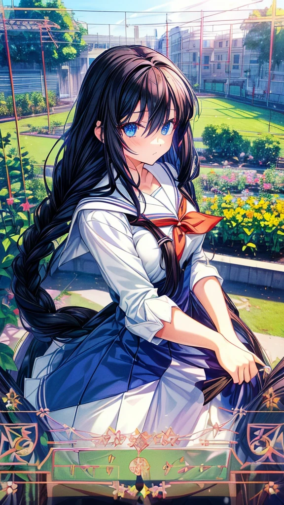 best quality, extremely detailed,anime style girl,long hair down to the waist, straight hair, ((dark black hair with bluish)),braid,beautiful detailed eyes, pinched eyes, (dark blue eyes),huge breasts,curvy,((((white main brightly colored princess school uniform)))),clothing with complex patterns,cool expression,((((school garden)))),((Diagonal angle)),dynamic angle