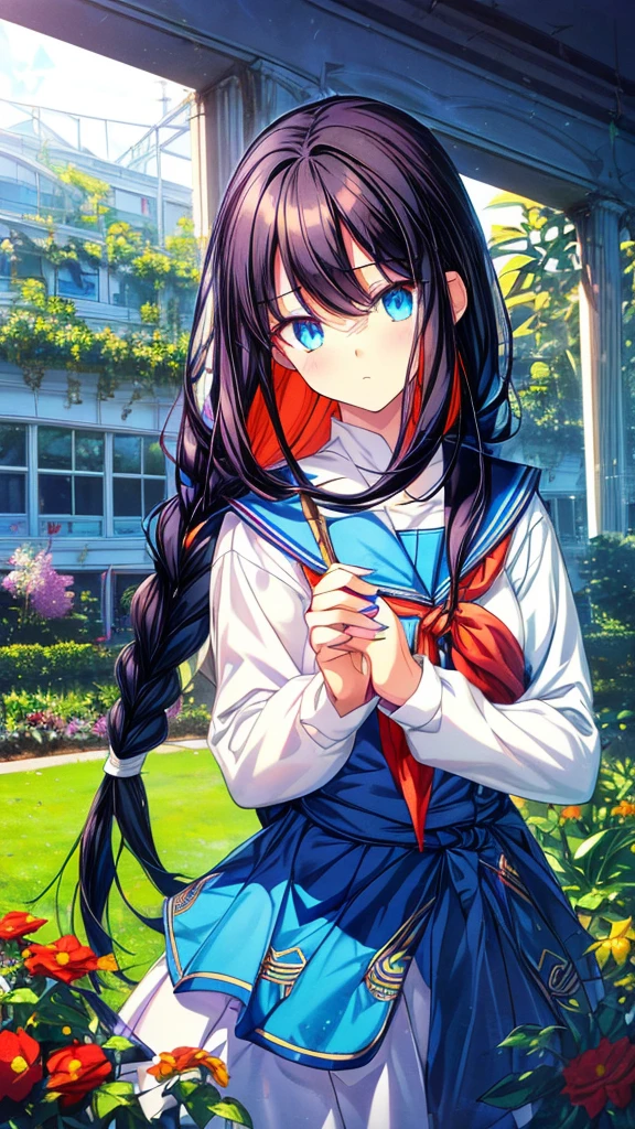 best quality, extremely detailed,anime style girl,long hair down to the waist, straight hair, ((dark black hair with bluish)),braid,beautiful detailed eyes, pinched eyes, (dark blue eyes),huge breasts,curvy,((((white main brightly colored princess school uniform)))),clothing with complex patterns,cool expression,((((school garden)))),((Diagonal angle)),dynamic angle
