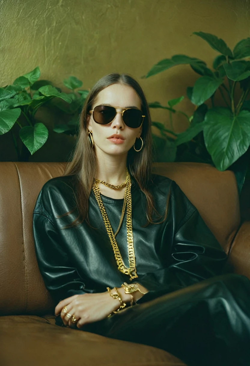 90s woman, gangsta rapper. Boss gangster in sunglasses and gold chain. lounging on a leather couch. Holding a gun. Rapper style apparel, sleek long hair, oversized clothes, photo depth of field, shadows, grainy, seductive analog lofi (by Oleg Oprisco Laura Makabresku), wall, dimly lit, potted plant
