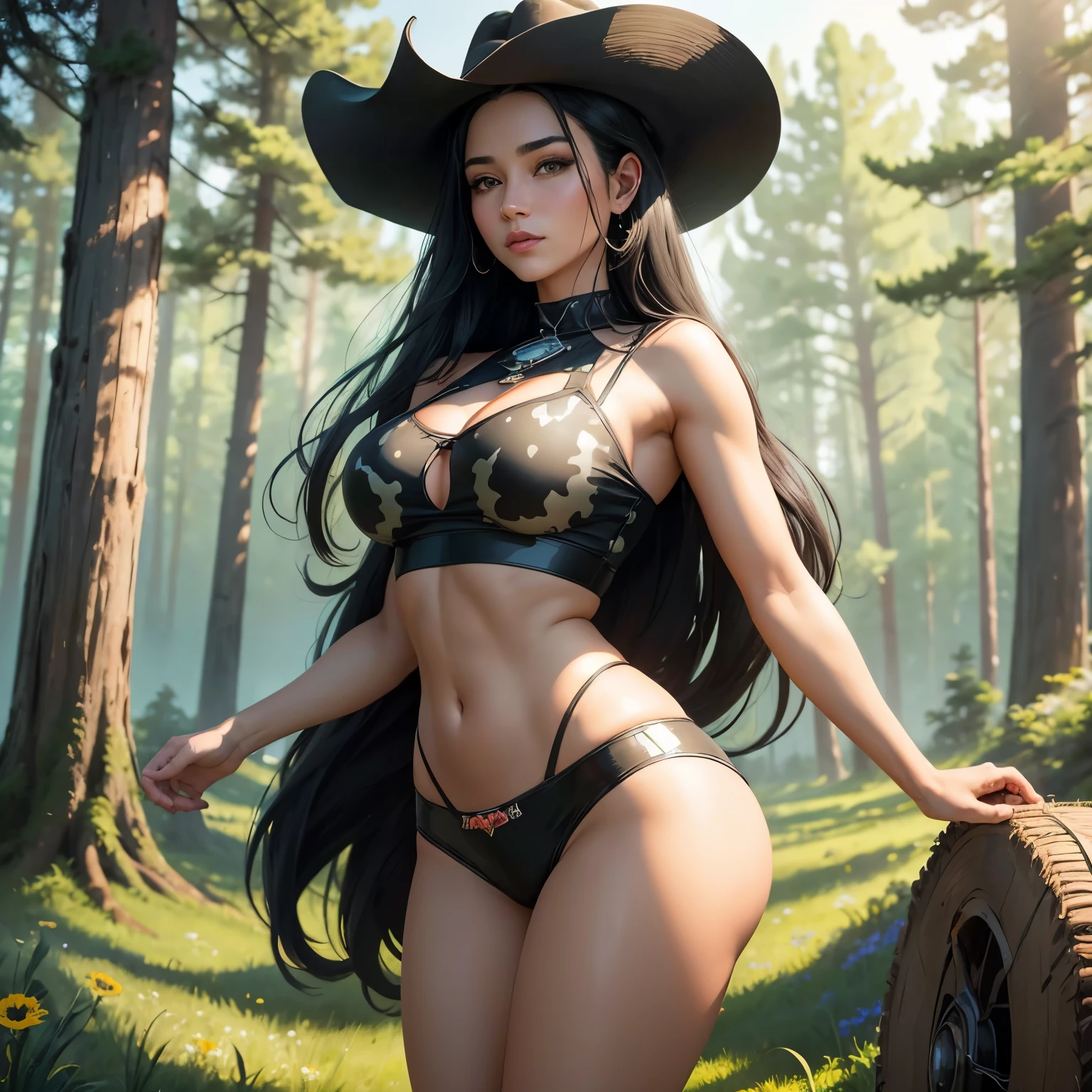 Cowgirl Goddess Beautiful Woman: Named Clarissa, appearing around 40 years old, depicted in an oil painting style. She has long black hair, very large breasts, and is wearing a cow-patterned crop top. She has a perfect face with black eyes and a large butt. Clarissa is standing in a lush green meadow, exuding a serene yet captivating presence. The image shows her from the front, capturing her beauty and confidence. The background features a picturesque and tranquil landscape with vibrant wildflowers, tall trees, and a clear blue sky. The image should be highly detailed, 8k resolution, and capture the essence of a masterpiece.