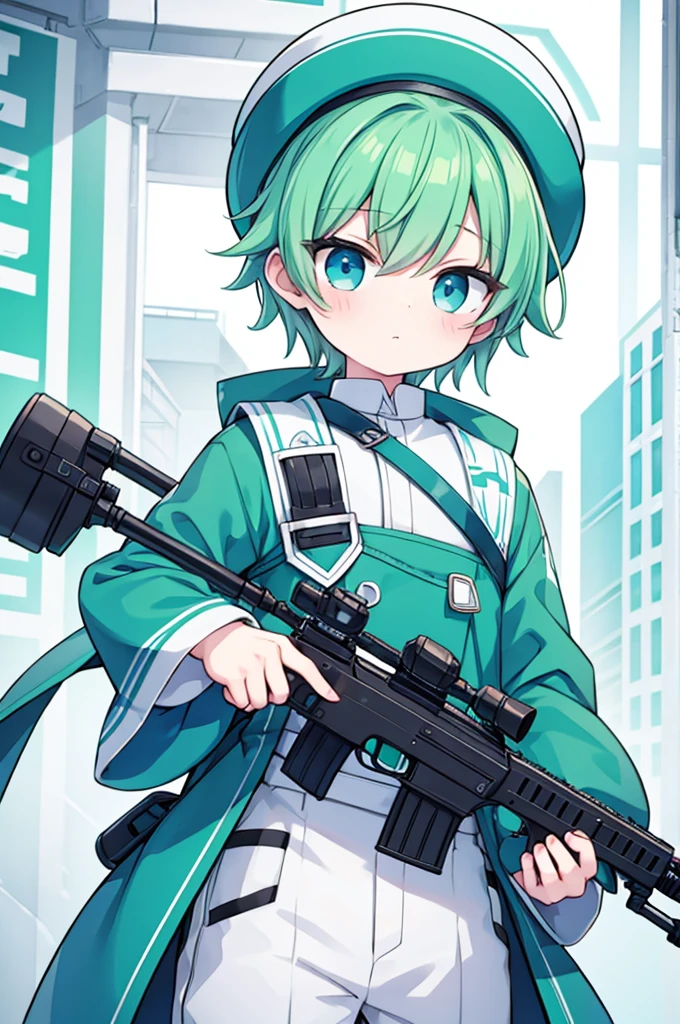 boy Green Hair Blue clothes White hat Sniper