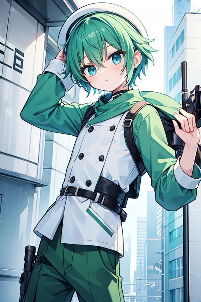 boy　Green Hair　Blue clothes　White hat　Sniper