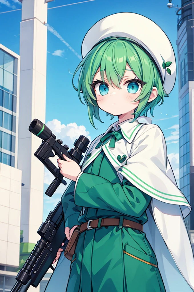 boy　Green Hair　Blue clothes　White hat　Sniper