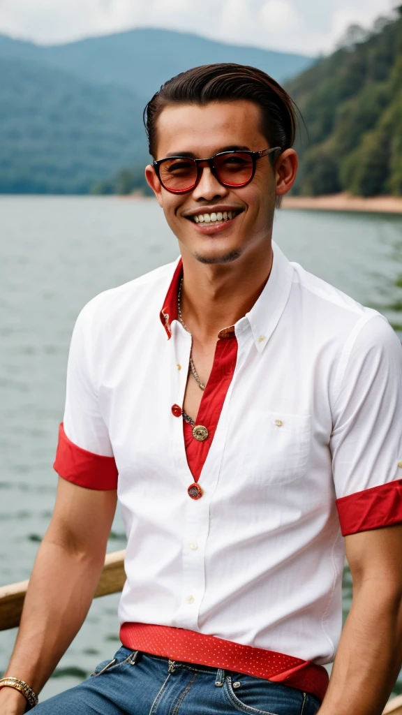 ((best quality)), ((masterpiece)), (detailed), 1man /malaysia. skinny. wear rayban glasses. presley long hair hairstyle. retro style. at lake. big teeth. red wear shirt.polkadot shirt.
