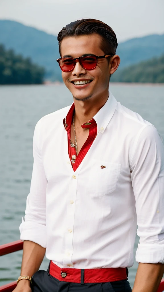 ((best quality)), ((masterpiece)), (detailed), 1man /malaysia. skinny. wear rayban glasses. presley long hair hairstyle. retro style. at lake. big teeth. red wear shirt.polkadot shirt.
