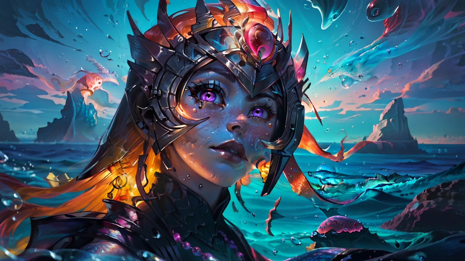 masterpiece, best quality), intricate details, (Best quality)), ((masterpiece)), ((realistic)), (hyperrealism:1.2), (fractal art:1.2), (1girl), (perfect face:1.3), ((red long hair)), extreme detailed eyes, colorful, highest detailed, Nami, fishbody, mermaid, scales, tail, orange ocean, pink waves, purple eyes, freckles, purple hair, (mermaid), (detailed fish), (glowing jellyfish, shining jellyfish:1.2), (bubbles:1.2), seaweed, water streaks, vibrant colors, high contrast, (8K UHD:1.2), (photorealistic:1.2), wearing dark grey metallic knight facial helmet with red ruby in center, dark grey metallic necklace, wearing dark grey metallic battle armor, faint red in the ocean in the background, event horizon orange accent in background, tears in eyes unhappy face