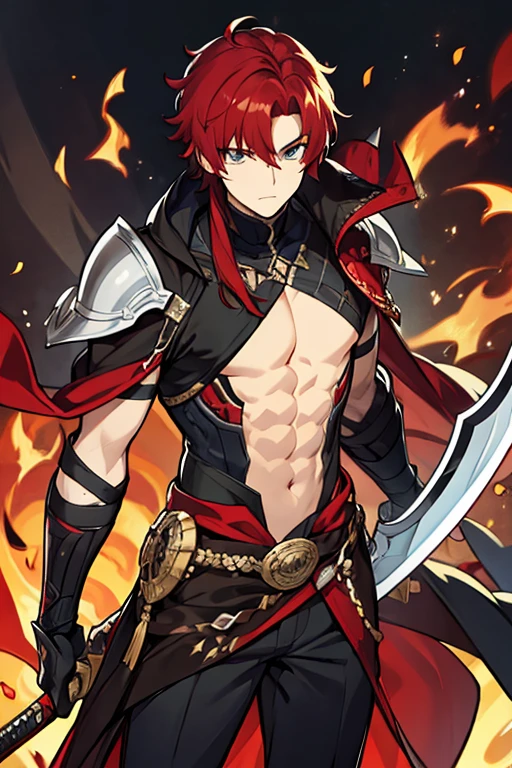 man, black and red hair, with silver armor, with bare chest, with scars, with a sword