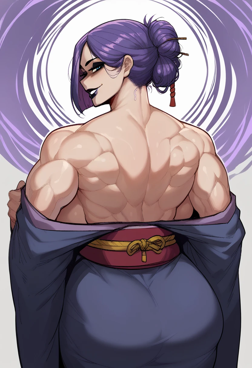 score_9, score_8_up, score_7_up, score_6_up, score_5_up, score_4_up, BREAK 1girl, ((muscular body:1)), intricate, kimono, (eyeliner:1.2), looking at viewer, bob hairstyle, purple hair, detailed background,huge breasts (masterpiece, high quality:1), backshot, looking at viewer, lustful smile, breeding intention, purple, lipstick, muscular back, back pose.
