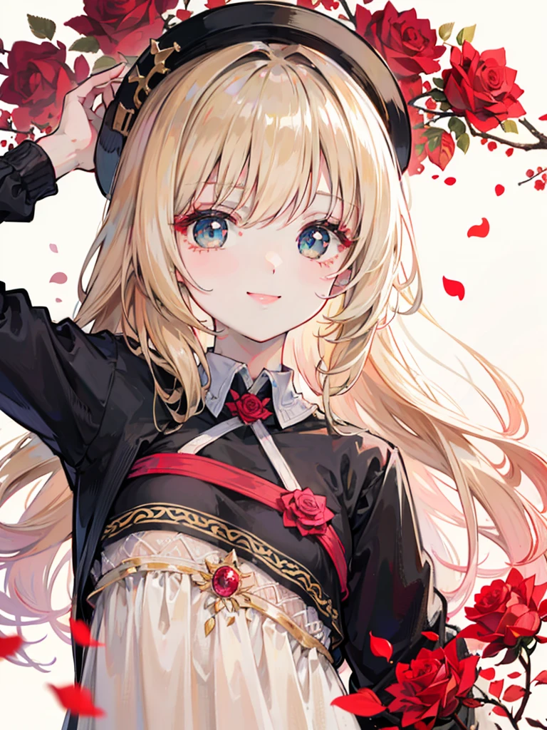 Beige hair and beautiful eyes、 long hair、Shiny Hair、high quality、Rose petals fluttering Background、White Background、Rose、smile