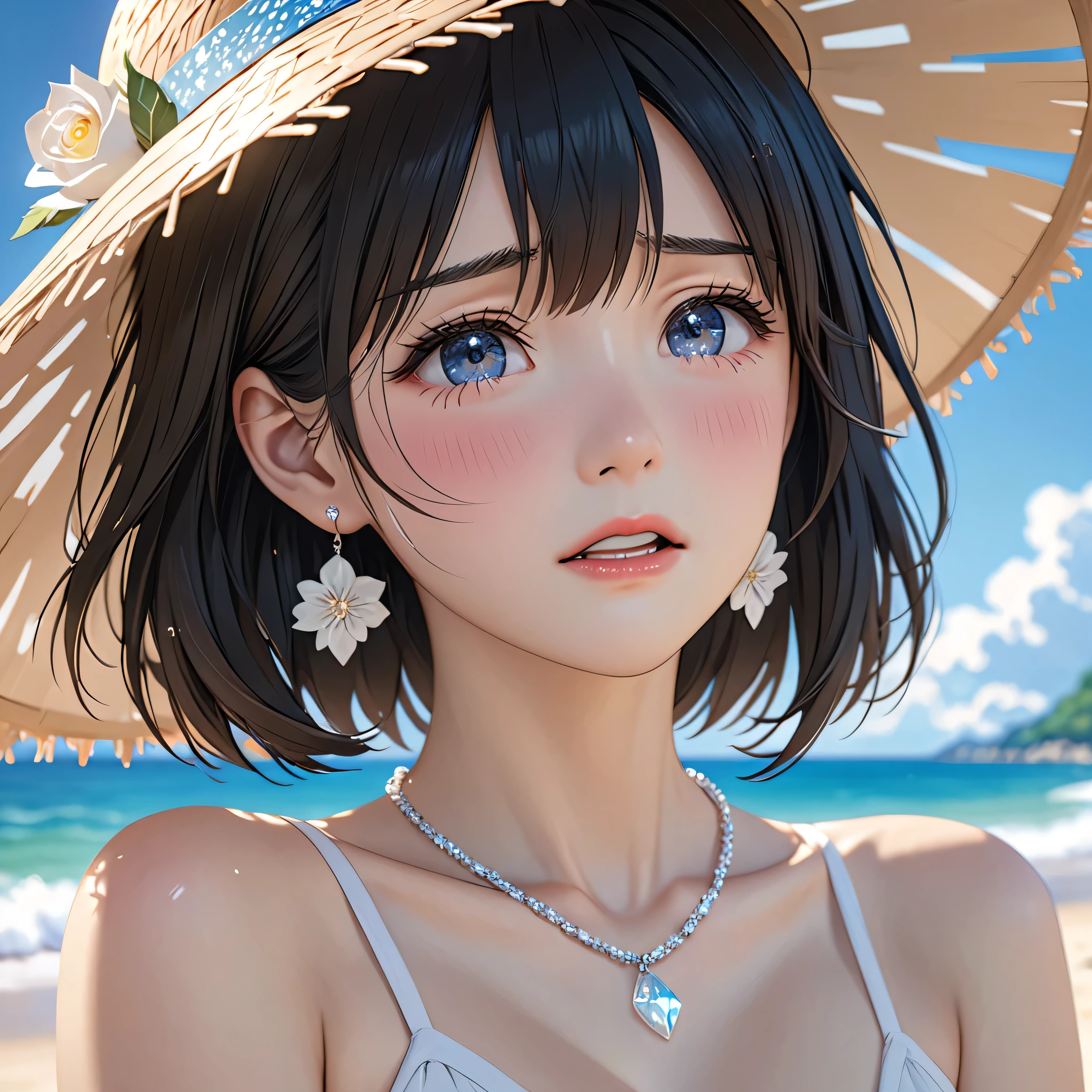 National Science Foundation,masterpiece,High resolution,8k,Art,digit,Three-dimensional,Realism,Kyoto Animation Style,your name movie style,looking into camera,cute,On the scenic beach,(1 girl: 1.3),(alone: 1.4),(Upper body nudity),Put your hands behind your head,White Rose Summer Sunshade Straw Hat,white crystal necklace,White crystal earrings,Black hair,Long eyelashes,Slender legs,Short Bob,Close-up of upper body,Close-up,(A Closer Look),Eyes as deep as the starry sky,shy,blush,pain,sad,sad,cry,Tears,open mouth
