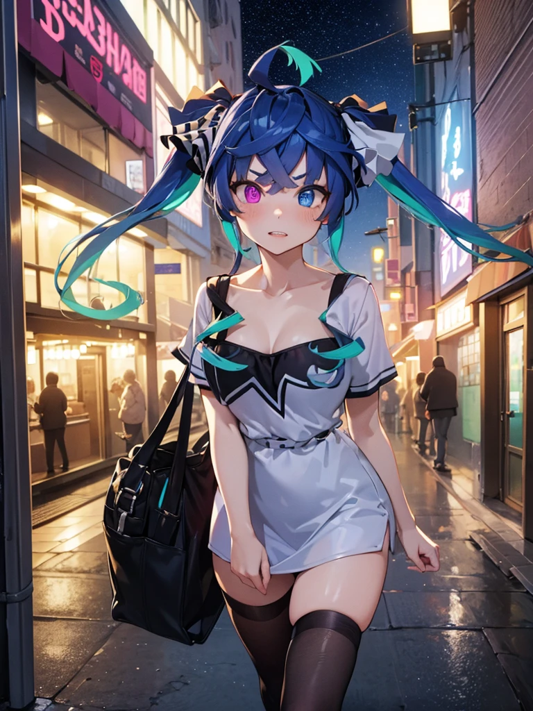 (Masterpiece, best quality, high res、highly detailed cg: 1), ‘Looking for a hooker?’ and a prostitute invites a man to join her. The scene is dominated by a prostitute touting on a quiet, deserted street at night. She is flirtatious with an upward glance. Twin_Turbo_Umamusume, aqua hair, twintails, heterochromia, purple eyes, blue eyes, sharp teeth, nsfw, Seduction, (short stature)