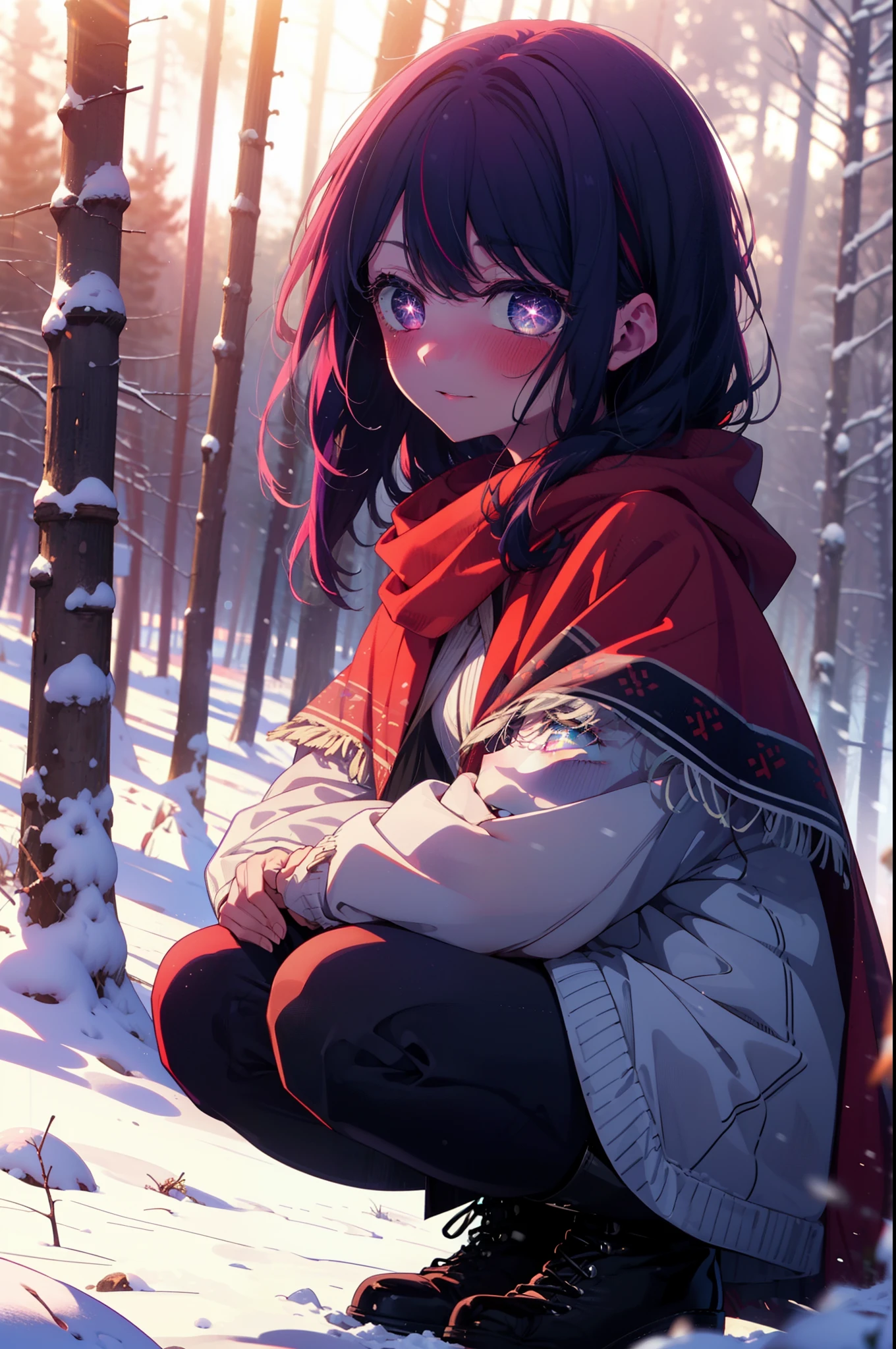 aihoshino, Ai Hoshino, Long Hair, bangs, (Purple eyes:1.1), Purple Hair, (Symbol-shaped pupil:1.5), smile,,smile,blush,white breath,
Open your mouth,snow,Ground bonfire, Outdoor, boots, snowing, From the side, wood, suitcase, Cape, Blurred, , forest, White handbag, nature,  Squat, Mouth closed, Cape, winter, Written boundary depth, Black shoes, red Cape break looking at viewer, Upper Body, whole body, break Outdoor, forest, nature, break (masterpiece:1.2), Highest quality, High resolution, unity 8k wallpaper, (shape:0.8), (Beautiful and beautiful eyes:1.6), Highly detailed face, Perfect lighting, Extremely detailed CG, (Perfect hands, Perfect Anatomy),