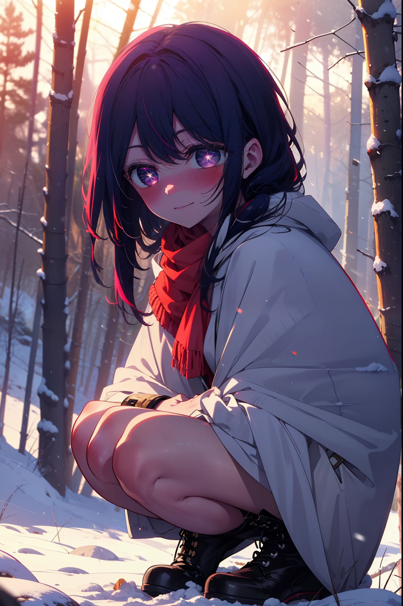 aihoshino, Ai Hoshino, Long Hair, bangs, (Purple eyes:1.1), Purple Hair, (Symbol-shaped pupil:1.5), smile,,smile,blush,white breath,
Open your mouth,snow,Ground bonfire, Outdoor, boots, snowing, From the side, wood, suitcase, Cape, Blurred, , forest, White handbag, nature,  Squat, Mouth closed, Cape, winter, Written boundary depth, Black shoes, red Cape break looking at viewer, Upper Body, whole body, break Outdoor, forest, nature, break (masterpiece:1.2), Highest quality, High resolution, unity 8k wallpaper, (shape:0.8), (Beautiful and beautiful eyes:1.6), Highly detailed face, Perfect lighting, Extremely detailed CG, (Perfect hands, Perfect Anatomy),