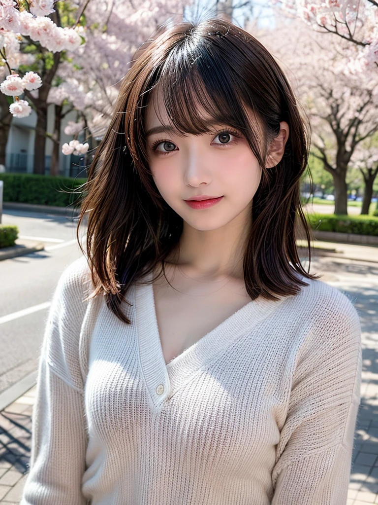 Tabletop, Highest quality, shape, Very detailed, finely, High resolution, 8k wallpaper, Perfect dynamic shape, Finely beautiful eyes, Wearing a pale pink knit,Medium Hair,Natural color lip, smile,harajuku、Teenage Girl、cute、Looking into the camera、flat chest、Brown Hair、The background is a park with cherry blossoms in bloom、Street Snap、Anatomically correct, Ultra high definition, Winner of numerous awards, 