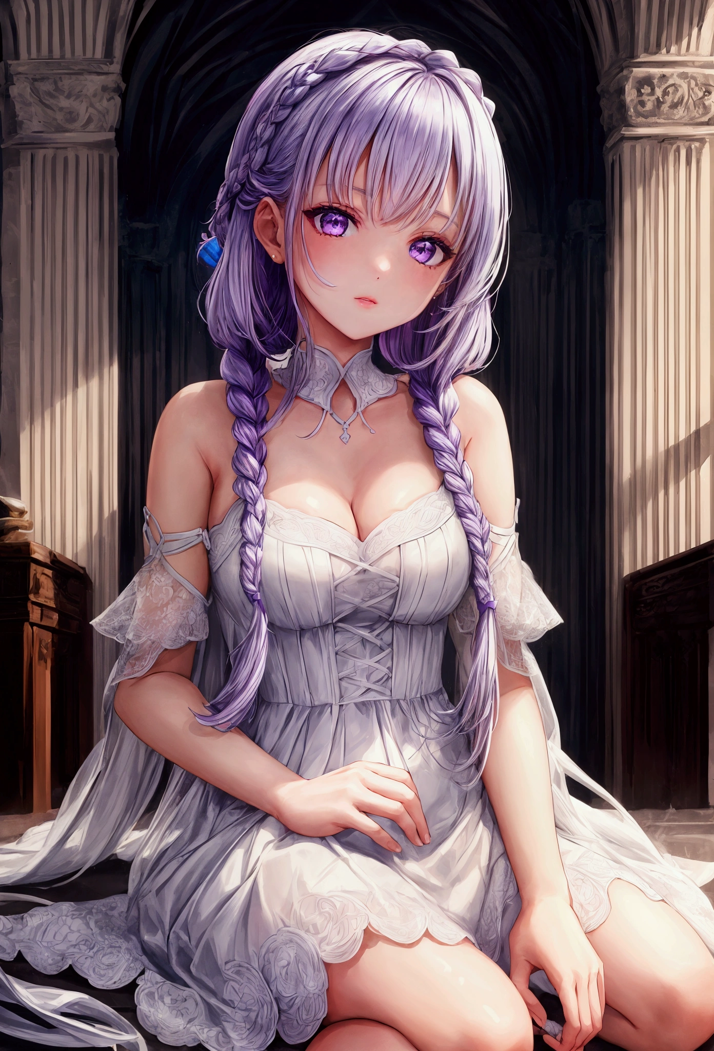 One girl,High resolution, high quality, masterpiece, mxmk white dress, Bare shoulders, Purple eyes, White Dress, Braiding