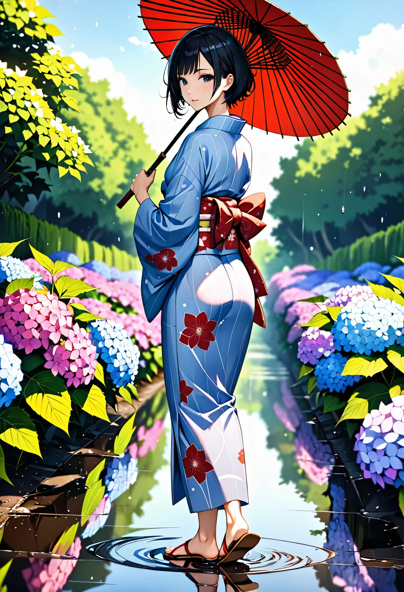 High Resolution, High Quality, High Detail, HD, Anime Style, (One japanese woman:1.5), (Adult japanese women:1.5), (slender body:1.3), Black Hair, Black eye, Very short hair, Asymmetrical Bangs, Wearing a floral pattern japanese yukata, (The hem of the yukata is slightly above the ankle:1.3), Holding a Japanese umbrella, wearing red japanese sandals, Backshot, Look back at the camera, Hydrangea below half of the foreground, Sky after rain, Puddle on the ground