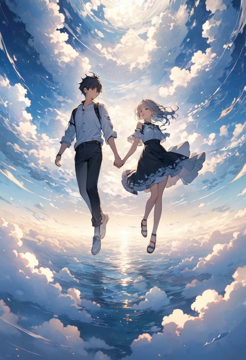 Very detailed、whole body、A boy and a girl holding hands and falling through the sea of clouds