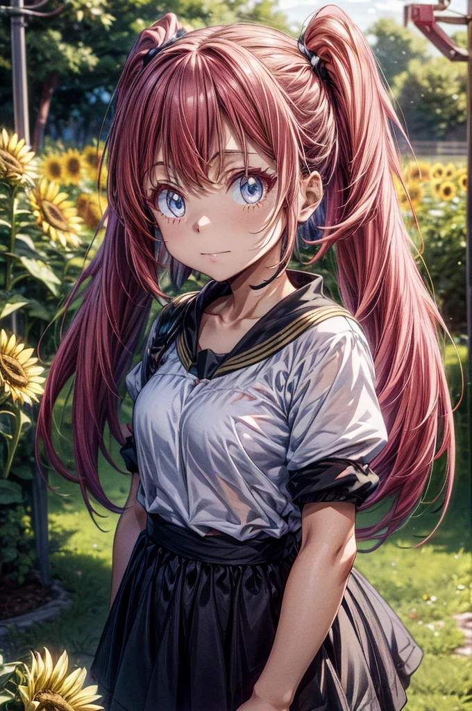 masterpiece, best quality, extremely detailed CG unity 8k wallpaper, Digital art of Milim Nava from the anime Tensura, Cute Girls, long hair with pink twin tails, Big eyes, Blue Eyes, Shining pupils, Pink lashes, Oversized T-shirt,  The background is a sunflower field, Lens flare, Cinema lighting, Bright light, Daytime, Light of the sun, Bokeh