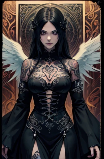 (tattoo style), (angel), (gothic), (dark), (horror), (Art Nouveau style), (neo-traditional tattoo style).