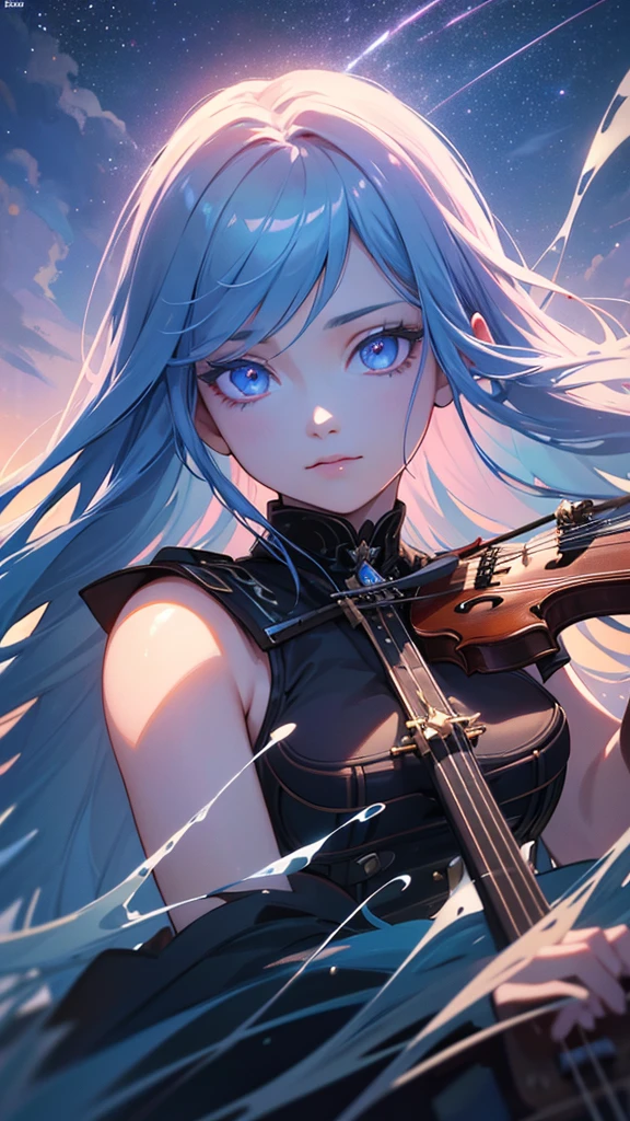 A young woman with sky blue hair and red eyes playing a violin on the water, surrounded by a fantasy night sky with colorful stars and a comet, wearing a black military uniform and closing one eye, (best quality,8k,highres,masterpiece:1.2),ultra-detailed,(realistic,photorealistic,photo-realistic:1.37),portrait,fantasy,cinematic lighting,dramatic colors,highly detailed facial features,beautiful detailed eyes,beautiful detailed lips,extremely detailed eyes and face,long eyelashes,elegant pose,magical atmosphere,dramatic sky,glowing celestial objects