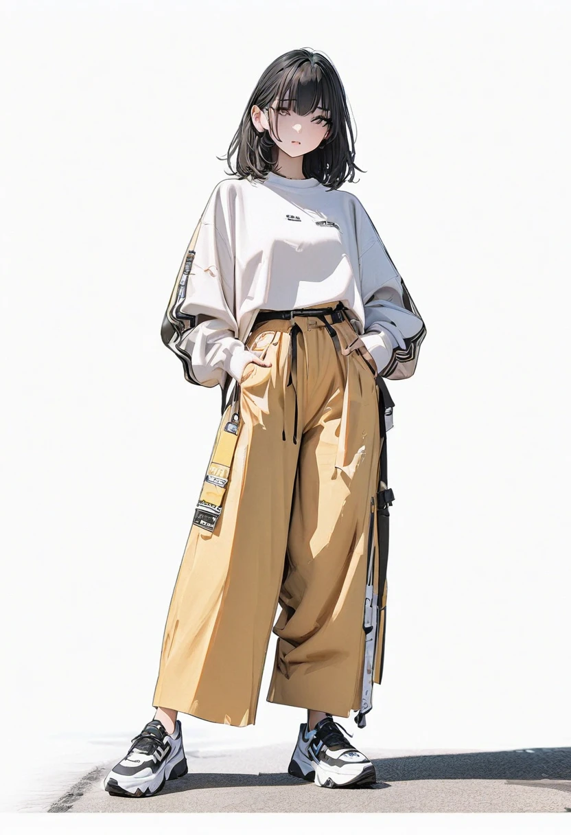 (Masterpiece, highest resolution: 1.2, 8K), center, full body, one girl, medium hair, yellow street fashion, wide pants, simple sneakers, simple background, white background, eyes open,