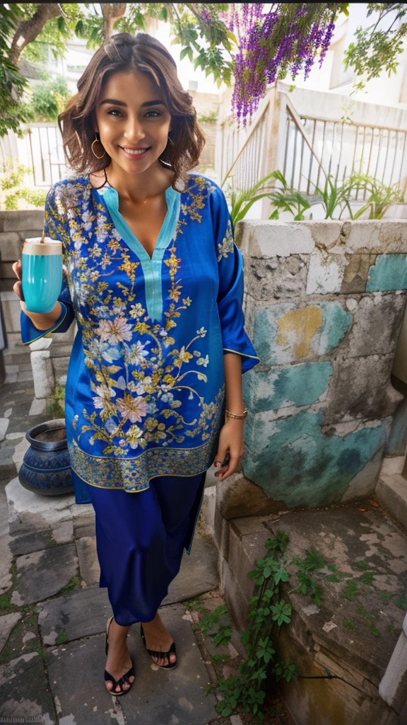 there is a woman standing in a courtyard with a cup of coffee, gorgeous lady, blue tunic, stunning woman, full body shot shot, full body shot shot, blue tunic and robes, wearing a silk kurta, blue tunic-petróleo, Wearing an old tunic, wearing floral chiton, having fun, beautiful lady, mark d&#39;water, full body close-up