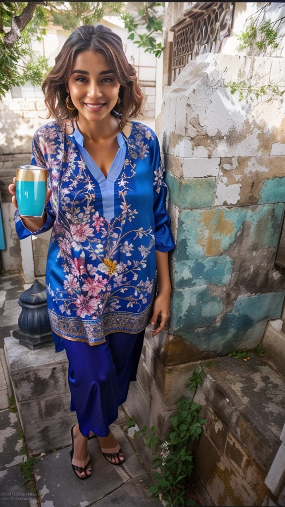 there is a woman standing in a courtyard with a cup of coffee, gorgeous lady, blue tunic, stunning woman, full body shot shot, full body shot shot, blue tunic and robes, wearing a silk kurta, blue tunic-petróleo, Wearing an old tunic, wearing floral chiton, having fun, beautiful lady, mark d'water, full body close-up
