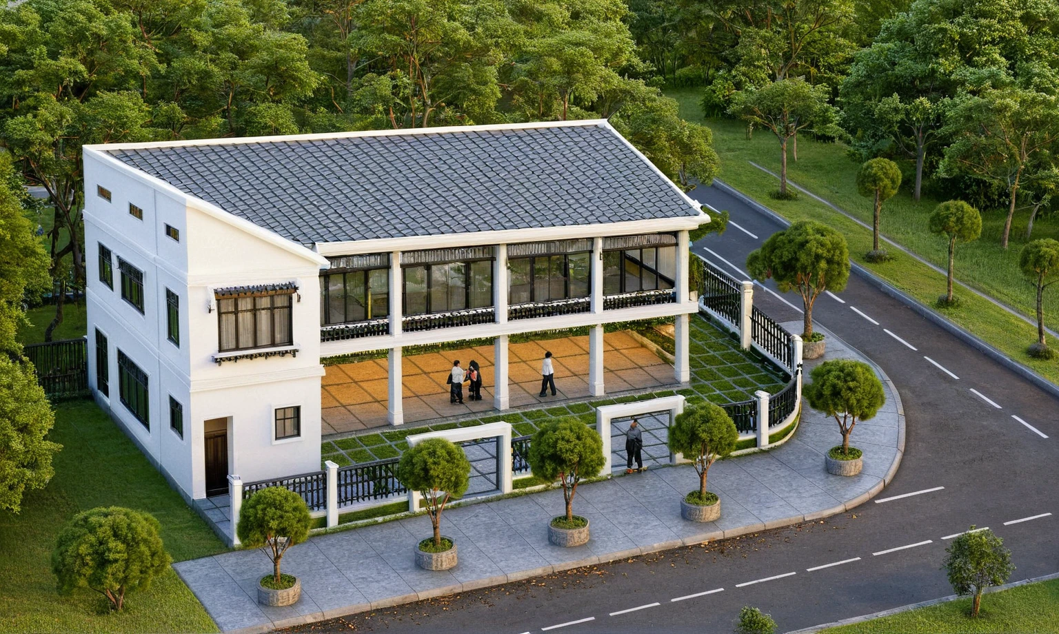 Raw photo,Masterpiece, high quality, best quality, authentic, super detail,
exterior, outdoors, house style indochine on the street ,aiaigroup
road,pavement, grass, trees, sky, cloud, (day:1.1), house at intersection corner, green trees, overhead shot, tiled roof, street