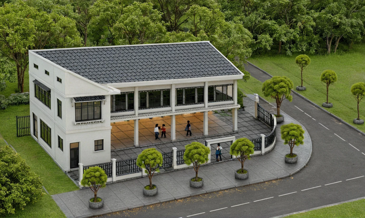 Raw photo,Masterpiece, high quality, best quality, authentic, super detail,
exterior, outdoors, house style indochine on the street ,aiaigroup
road,pavement, grass, trees, sky, cloud, (day:1.1), house at intersection corner, green trees, overhead shot, tiled roof, street