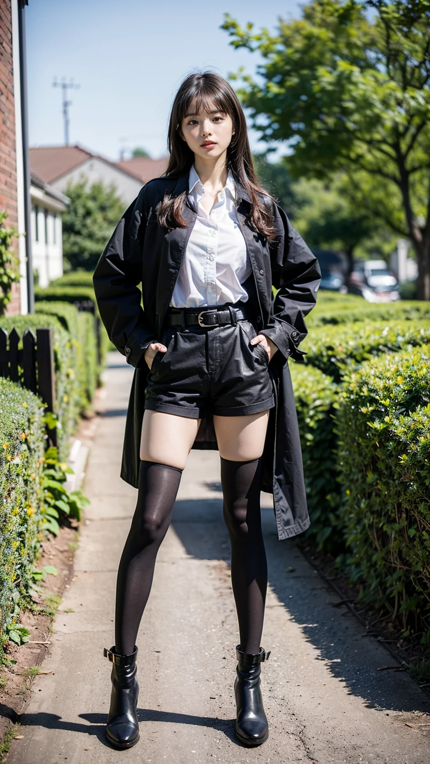 (8k、RAW Photos、Highest quality、masterpiece:1.2)、(Realistic、Realistic)、1 Girl、((coat、Black shorts、Shortcuts、Check shirt、Thin legs、boots、tights、garden、View from the front、Looking at the camera、belt、Hands on your hips))、cute