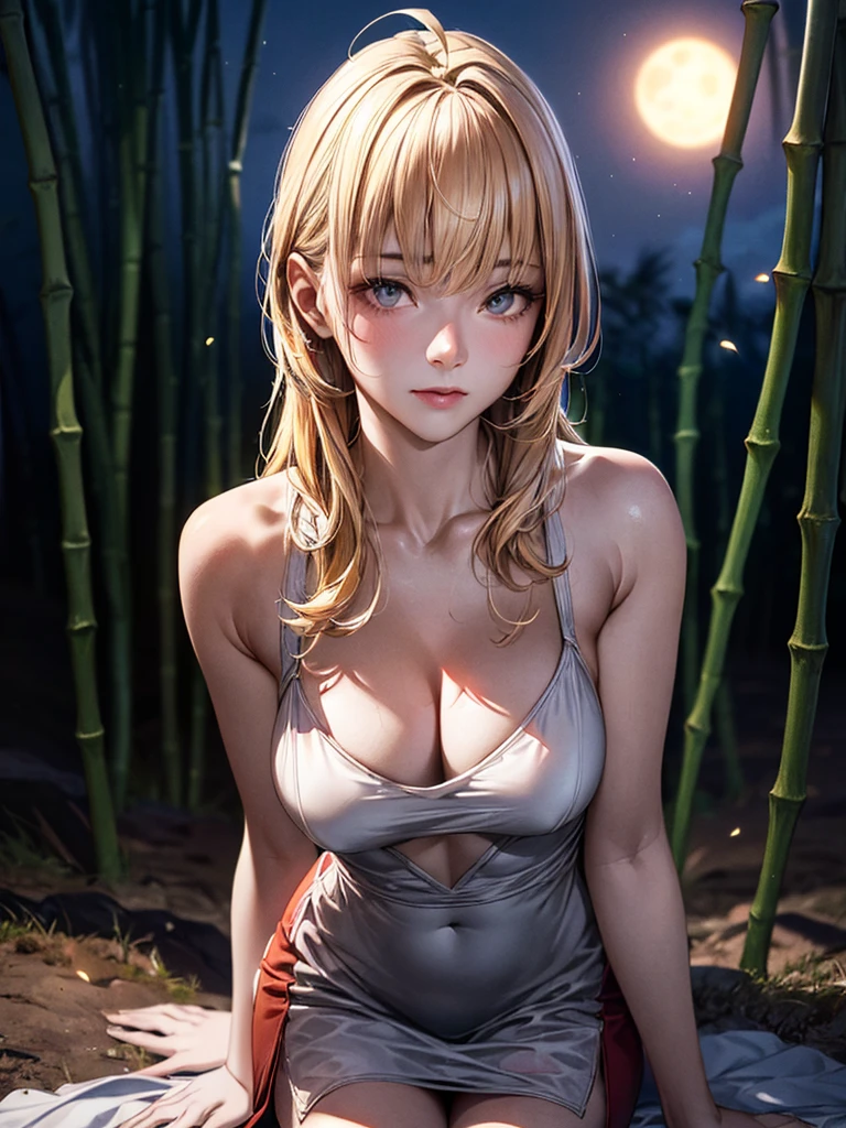 unparalleled masterpiece, ultra realistic 8k CG,masterpiece,pov,(delicate photograph,ultra_detailed,16k,raw photo:1.3),(realistic:1.9,photorealistic:1.9), beautiful detailed eyes,1 girl,solo,(full body:1.3),blonde wavy hair, slender body, precious hair ornament, e-cup chests,chinese_dress,zettai_ryoiki,night,moonlight,starlight,beautiful_sky,bamboo_forests,firefly,full_body,ahoge,