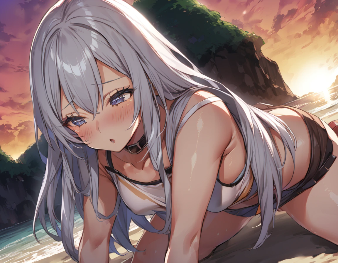 One cute girl with big 、、Lesbian play in cowgirl position、Deserted island at sunset