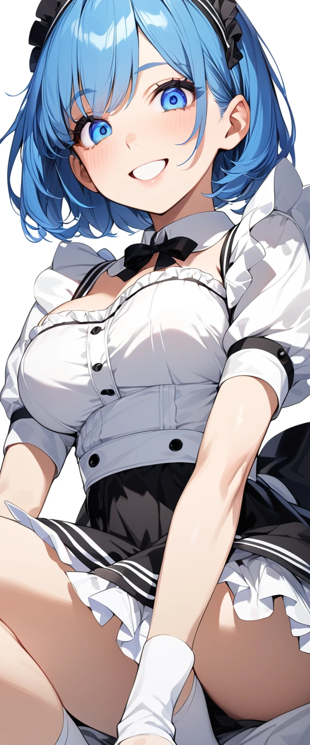 Beautiful girl in maid、(Top quality illustrations:1.2), (pretty girl:1.1), (1 girl、17 years old、Top quality illustrations:1.2), (1 girl、smile、Beautiful breasts、Highly detailed eyes:1.2)、Bright blue hair、Short Bob Hair、(Black and white maid costume、White knee-high socks) 、White background、Simple Background