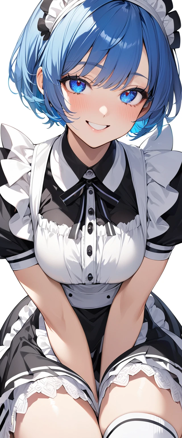 Beautiful girl in maid、(Top quality illustrations:1.2), (pretty girl:1.1), (1 girl、17 years old、Top quality illustrations:1.2), (1 girl、smile、Beautiful breasts、Highly detailed eyes:1.2)、Bright blue hair、Short Bob Hair、(Black and white maid costume、White knee-high socks) 、White background、Simple Background