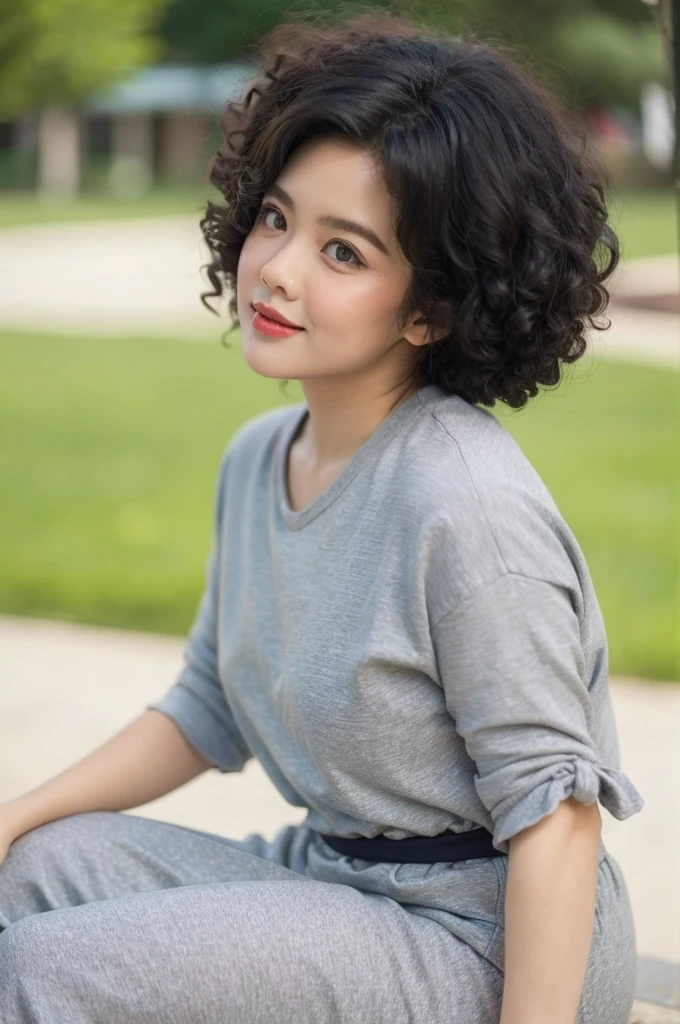 ((my face is very sad)), ((Straddling)), (( curly afro Hairstyle)), (Malaysia female), age 40 years old , chubby face. cute, 8K, photottorialism, retro dress red..plus size. at lake. tan skin. very fat girl.
