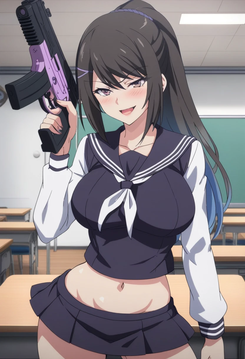 chabashira, 1girl, long hair, black hair, blush, lipstick, masterpiece, best quality, ((unbuttoned , cleavage, necklace, earrings, sexy body,
breasts)) , micro skirt, smiling, navel , exposed belly, exposed navel,(nsfw) not safe for work, school,
classroom , hold a gun, knot, holding pistol, 