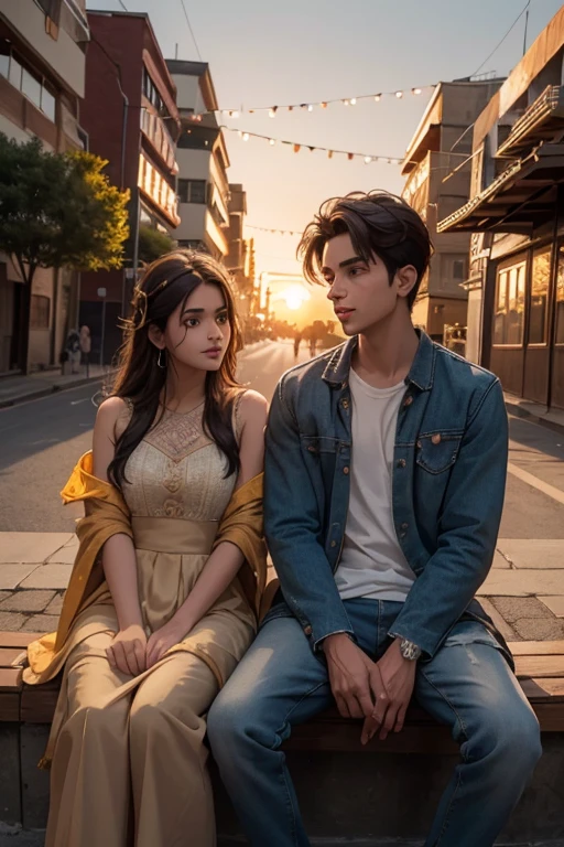 a cute boy and a cute girl sitting in front of a sunset, cute boy with the name "Hamza" written on him, cute girl with the name "Javeria" written on her, highly detailed, photorealistic, 8k, masterpiece, intricate details, warm colors, gorgeous lighting, cinematic composition pic shown from back 