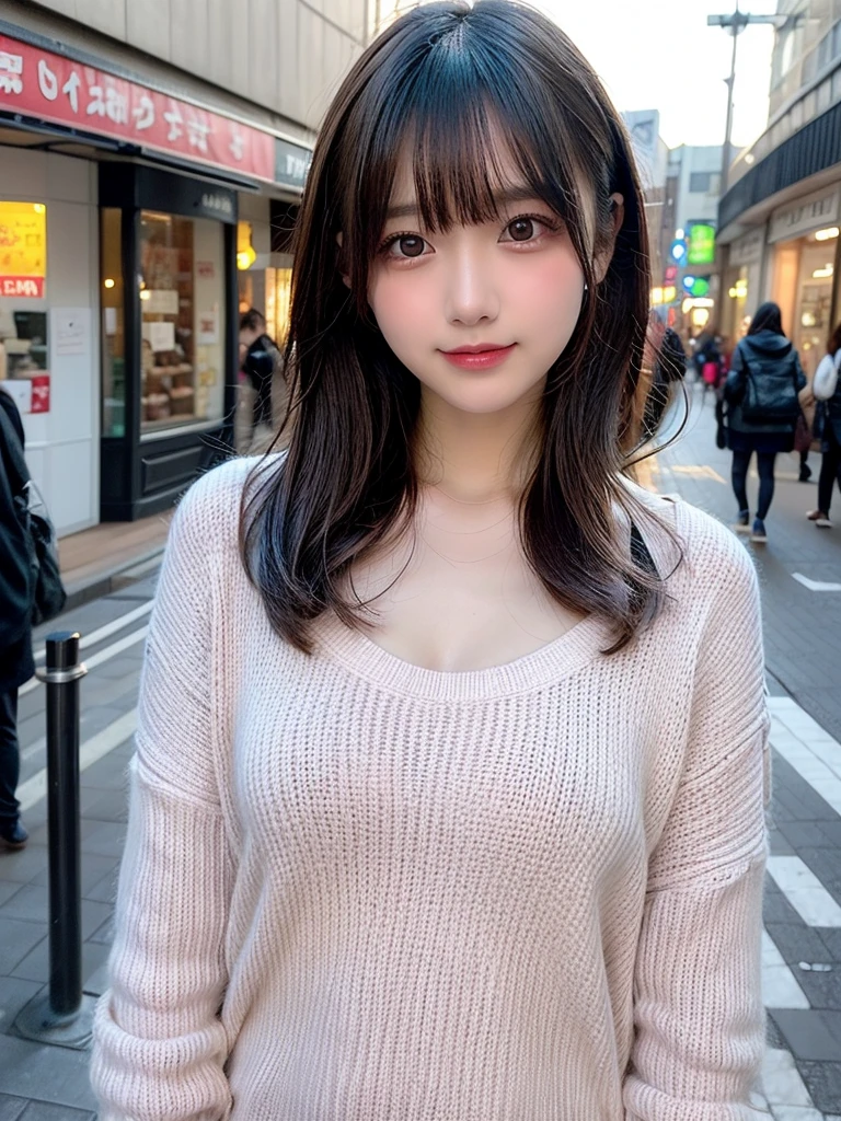 Tabletop, Highest quality, shape, Very detailed, finely, High resolution, 8k wallpaper, 完璧なダイナミックな構shape, finelyて美しい目, Wearing a pale pink knit,Medium Hair,Natural color lip, smile,Harajuku、Teenage Girl、cute、Looking into the camera、flat chest、Brown Hair、Riverside、Street Snap、Anatomically correct, Ultra high definition, Winner of numerous awards,
